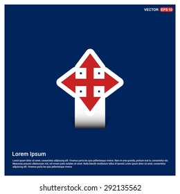four arrows icon - Sign all directions - abstract logo type icon - Red & white sticker icon on blue background. Vector illustration