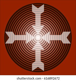 Four arrows inside rings on red background