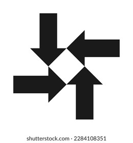 Four arrows negative space diagonal square. A group of 4 arrow shapes around a squared symbol. Isolated on a white background.