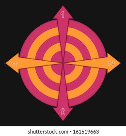Four arrows on a striped circle. The isolated composition on a black background.
