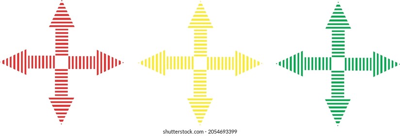 Four arrows pointing from the center. Different color. Red, yellow, green colour. Vector arrow icon. Isolated on a white background