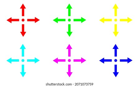 Cuatro flechas apuntando desde el punto central. Icono de vector de flecha colorida. Icono de flecha símbolo de signo vectorial aislado para el proyecto. Diseño plano. Ilustración del vector sobre fondo blanco