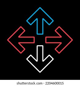 Vier Pfeile, die von der mittleren Vektorgrafik ausgehen, einzeln auf schwarzem Hintergrund. Navigationszeichen. Graph Symbol für Reise- und Tourismus Website und Apps Design, Logo, App, UI