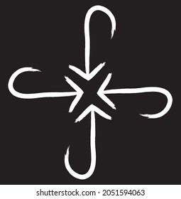 Cuatro flechas apuntando hacia el vector de direcciones. Filas iconos vectoriales dibujados a mano sobre fondo negro. Icono de vector de flecha.