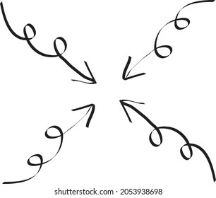 Four Arrows pointing directions vector. Merge direction indicator logo icon sign element Hand drawn Doodle style. Isolated object on a white background. Vector Illustration