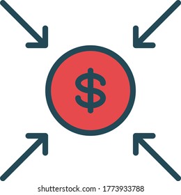 Cuatro flechas apuntando a la moneda del dólar Concepto de vector de color Diseño de iconos, signo de dinero en foco, símbolo de negocios y finanzas sobre fondo blanco