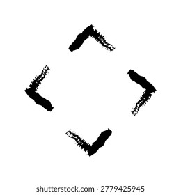 Four arrows pointing outward grunge doodle design element. Square expansion angles. Multidirectional sign. Handdrawn pointer. Dynamic sketchy rough direction clipart. Distressed black ink line symbol