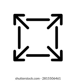 Four arrows pointing outwards from a central square. Symbolizes zoom in, enlarge, expand, maximize, full screen, scale up, and increasing size. Graphic icon for enlargement.