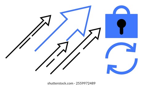 Four arrows pointing upward, a lock symbol, and a refresh icon in a minimalist blue and black vector style. Ideal for growth, progress, security, safety, and synchronization themes in business