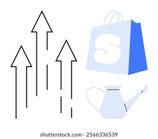 Four arrows pointing upwards, a blue and grey shopping bag with an S, and a watering can. Ideal for growth strategies, marketing campaigns, retail success, ecommerce, and business planning. Modern