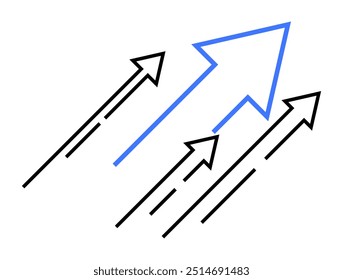 Four arrows pointing upwards, with one blue arrow leading and the rest black. The arrows signify growth, progress, leadership, and upward direction in a minimalist design.