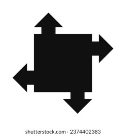 Cuatro flechas cuadradas forman un icono de silueta. Un símbolo cuadrado con un cuarteto de formas de flecha negra. Aislado sobre un fondo blanco.