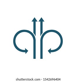 Four Arrows straight or forward and turn back. Continue icon. Enter and exit signs. North and South arrows. U-turn sign. Stock Vector illustration isolated on white background.