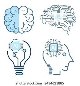 Vier Künstliche Intelligenz-Symbole, Symbolsammlung, isoliert gefütterte Maschine KI-Symbol, Künstliche Intelligenz Linie Symbole