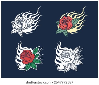 Quatre Illustrations de roses artistiques avec des accents flamboyants Une étude de la couleur et du design monochrome
