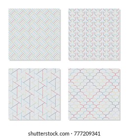 Four Asian embroidery motifs. Japanese sashiko ornaments. Series. Abstract Seamless patterns. Simple textures. Colorful stitches on the white background. For pattern fills, handicraft for decoration.