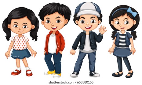 Four Asian Kids Happy Face Illustration Stock Vector (Royalty Free ...