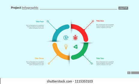 Four aspects circle diagram slide template. Business data. Graph, diagram. Creative concept for infographic, templates, presentation, report. Can be used for topics like research, banking, training