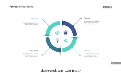 Four aspects circle diagram slide template. Business data. Graph, diagram. Creative concept for infographic, templates, presentation, report. Can be used for topics like research, banking, training