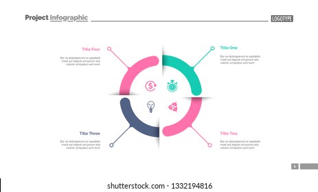 Four aspects circle diagram slide template. Business data. Graph, diagram. Creative concept for infographic, templates, presentation, report. Can be used for topics like research, banking, training