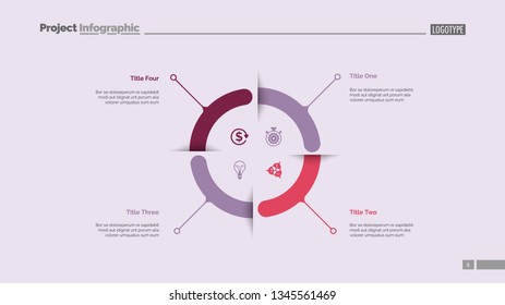 Four aspects circle diagram slide template. Business data. Graph, diagram. Creative concept for infographic, templates, presentation, report. Can be used for topics like research, banking, training