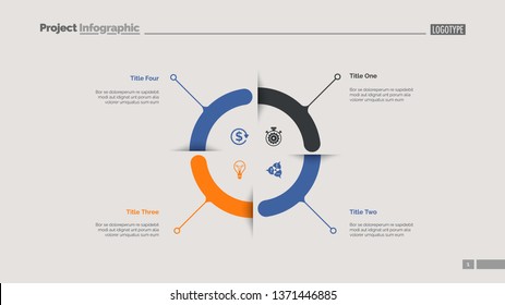 Four aspects circle diagram slide template. Business data. Graph, diagram. Creative concept for infographic, templates, presentation, report. Can be used for topics like research, banking, training