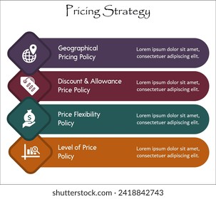 Four aspects of Pricing Strategy - Geographical, Discount and allowance, price flexibility, level of price policy. Infographic template with icons