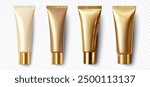 Four assorted cosmetic tubes in gold and beige shades displayed on a transparent background ideal for beauty and skincare product presentations. Luxurious gold and beige cosmetic tubes,3D vector.