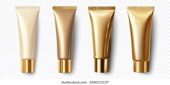 Four assorted cosmetic tubes in gold and beige shades displayed on a transparent background ideal for beauty and skincare product presentations. Luxurious gold and beige cosmetic tubes,3D vector.