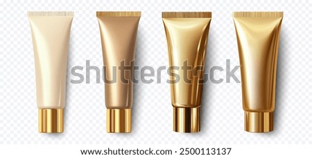 Four assorted cosmetic tubes in gold and beige shades displayed on a transparent background ideal for beauty and skincare product presentations. Luxurious gold and beige cosmetic tubes,3D vector.