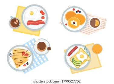 Four assorted servings of breakfast showing eggs and sausage, pancakes, egg on toast and waffles with coffee in a top down view, colored vector illustration