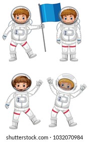 Four astronauts with blue flag illustration