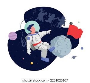 Four astronauts exploring the dark outer space at the moon. Moment before the moon landing in spacesuit. Planting a red flag on the moon minimal vector illustration.