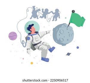 Four astronauts exploring outer space. Moment before the moon landing in spacesuit. Planting a green flag on the moon minimal vector illustration.