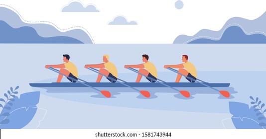 Four athletes swim on a boat. The concept of rowing competitions. Vector illustration, cartoon style.