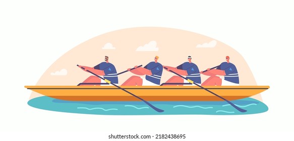 Four Athletes Swim On Boat. Concept Of Rowing Competition, People Enjoy Active Water Sports Game, Extreme Activity, Men Team Rafting, Kayaking, Canoeing in Wild River. Cartoon Vector Illustration