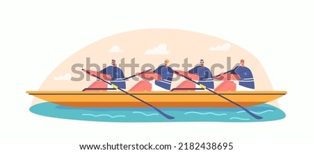 Four Athletes Swim On Boat. Concept Of Rowing Competition, People Enjoy Active Water Sports Game, Extreme Activity, Men Team Rafting, Kayaking, Canoeing in Wild River. Cartoon Vector Illustration