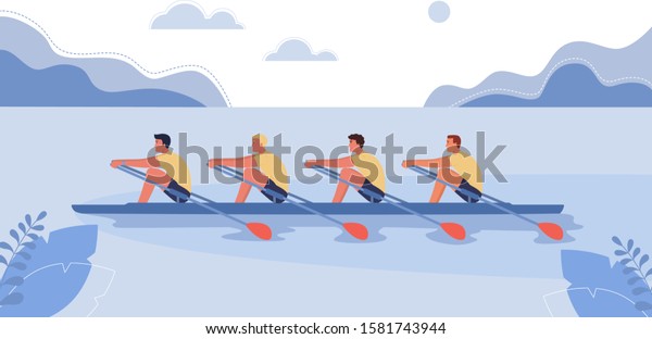 Four athletes swim on a\
boat. The concept of rowing competitions. Vector illustration,\
cartoon style.