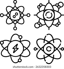 four atom icons showcase scientific concepts in a simple black and white design. each icon features unique elements representing various scientific fields