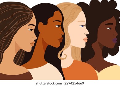 Four attractive women are looking in the same direction. Different hairstyles, skin tones - afro, curly, long hair. Beautiful strong people, sisters. The concept of feminism, equality, rights.