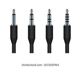 São exibidas quatro tomadas de conector de áudio, cada uma com um número crescente de anéis pretos, ilustrando a evolução e a variedade da tecnologia de áudio