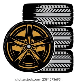 Four automobile rubber tires with bronze disc. Vector illustration. Template for design.