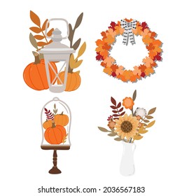four autumn decorative composition with pumpkins on the white background