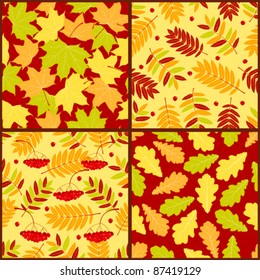 Four autumn seamless patterns. Vector color backgrounds.