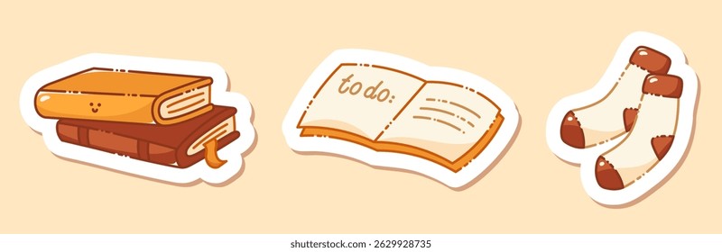 Four autumn stickers painted in warm fall colors. Stack of books, diary, wool socks.