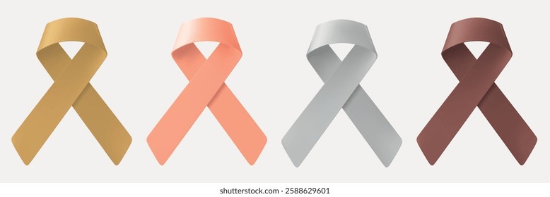 Four awareness ribbons in gold, peach, silver, and brown, symbolizing various causes. Ribbons represent support and awareness for different issues. Awareness ribbons, isolated element vector set.