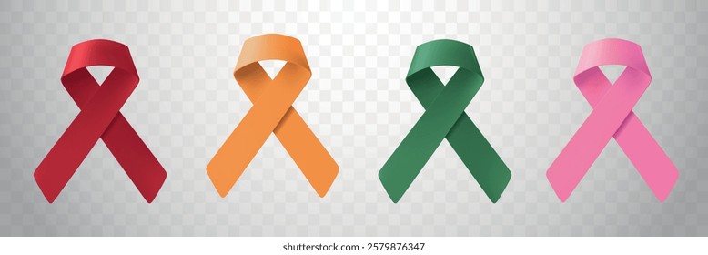 Four awareness ribbons in red, orange, green, and pink. Each ribbon symbolizes different causes. Colorful ribbons on a transparent background. Awareness ribbons, isolated element vector set.