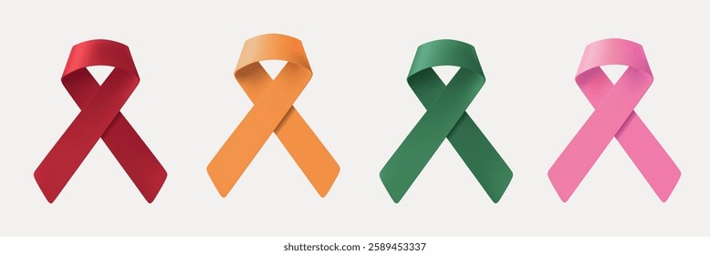 Four awareness ribbons in red, orange, green, and pink. Each ribbon represents different causes. Colorful ribbons symbolize awareness and support for various issues. Awareness ribbons, vector set.