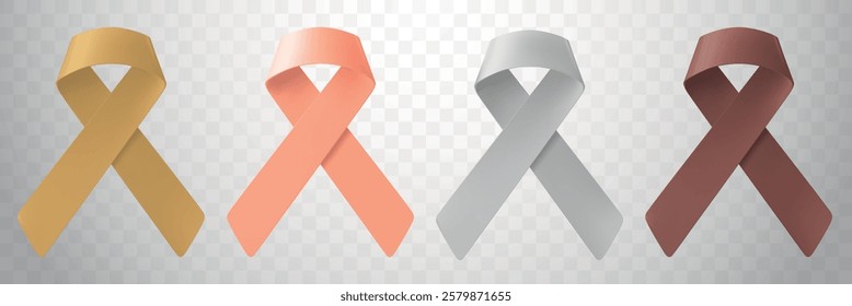 Four awareness ribbons in yellow, peach, silver, and brown. Ribbons on a transparent background. Symbolic ribbons for various causes and awareness campaigns. Awareness ribbons, isolated vector set.