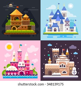 Four awesome fairytale castles on different backgrounds: fairy pink castle, snow covered north castle, beautiful european castle on the lake, night creepy castle. Flat vector illustration set.